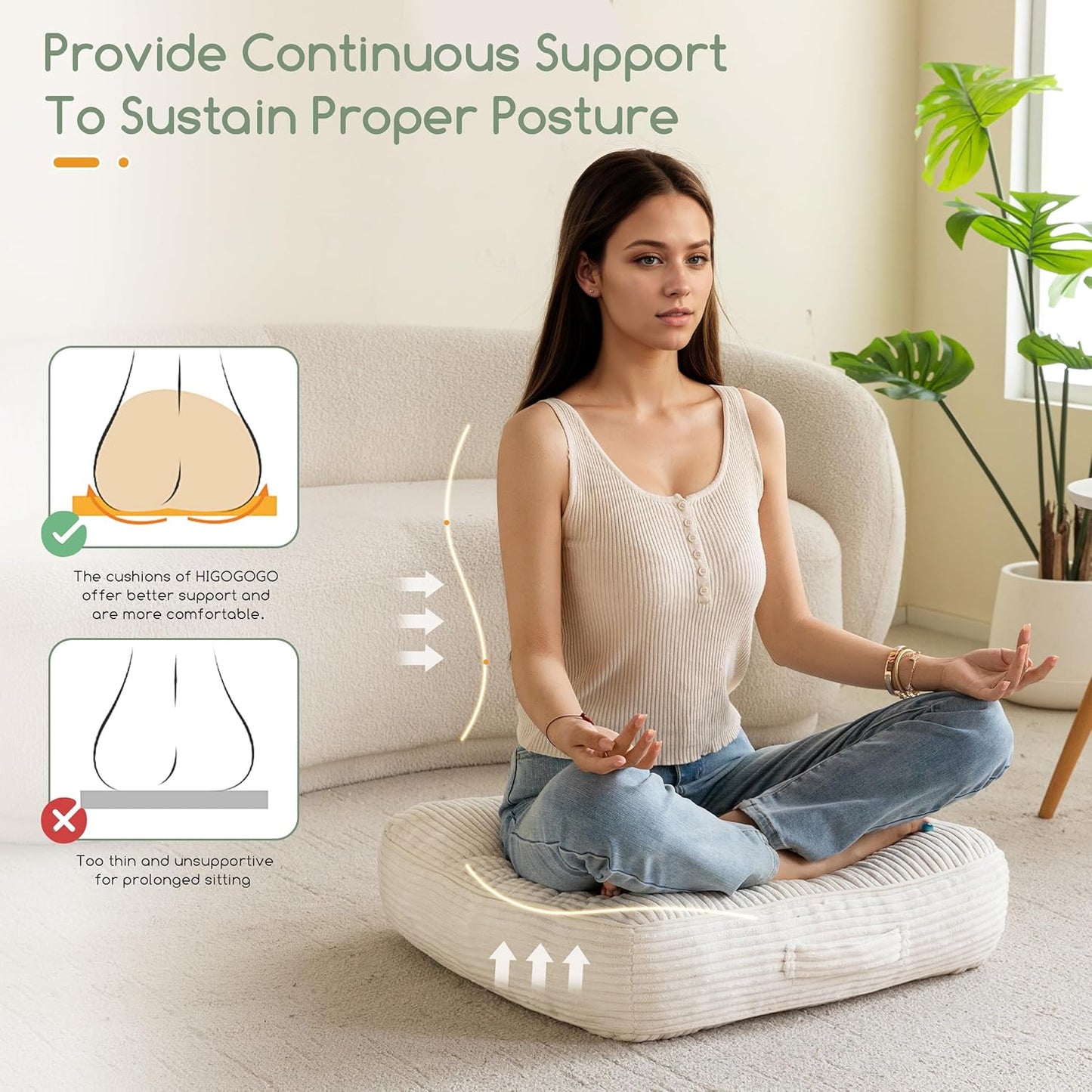HIGOGOGO 6" Extra Thick Floor Pillow Cushion for Adults, Meditation Cushion Pillow, Large Square Floor Sitting, Tufted Corduroy Cover, for Tatami Living Room or Yoga, 22x22 Inch, 2Pack, Dark Grey