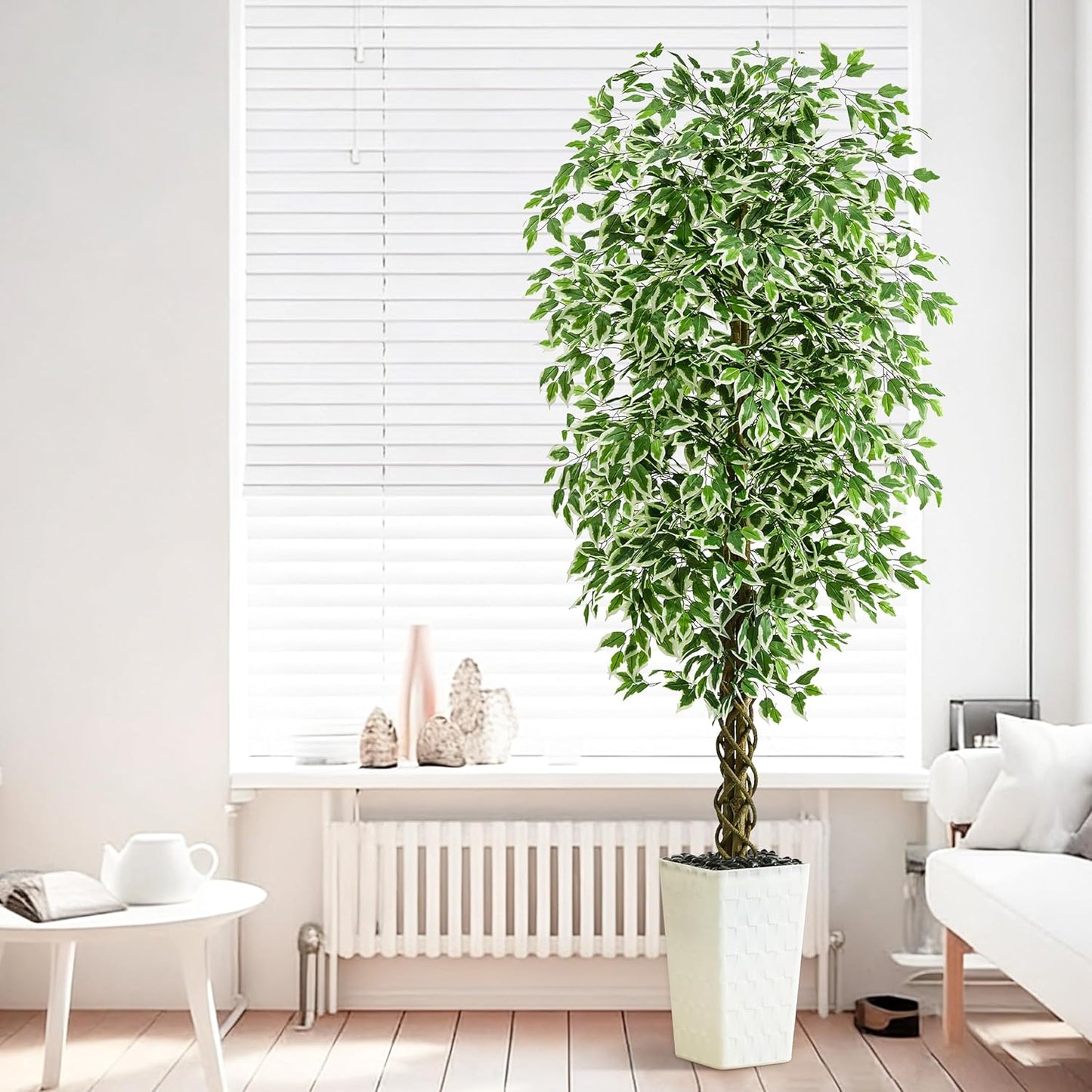 Artificial Ficus Tree 6FT Faux Plants Indoor Tall Fake Plants with White Planter, Green Lifelike Lush Fake Ficus Tree for Home Living Room Bedroom Outdoor Balcony House Office Decor