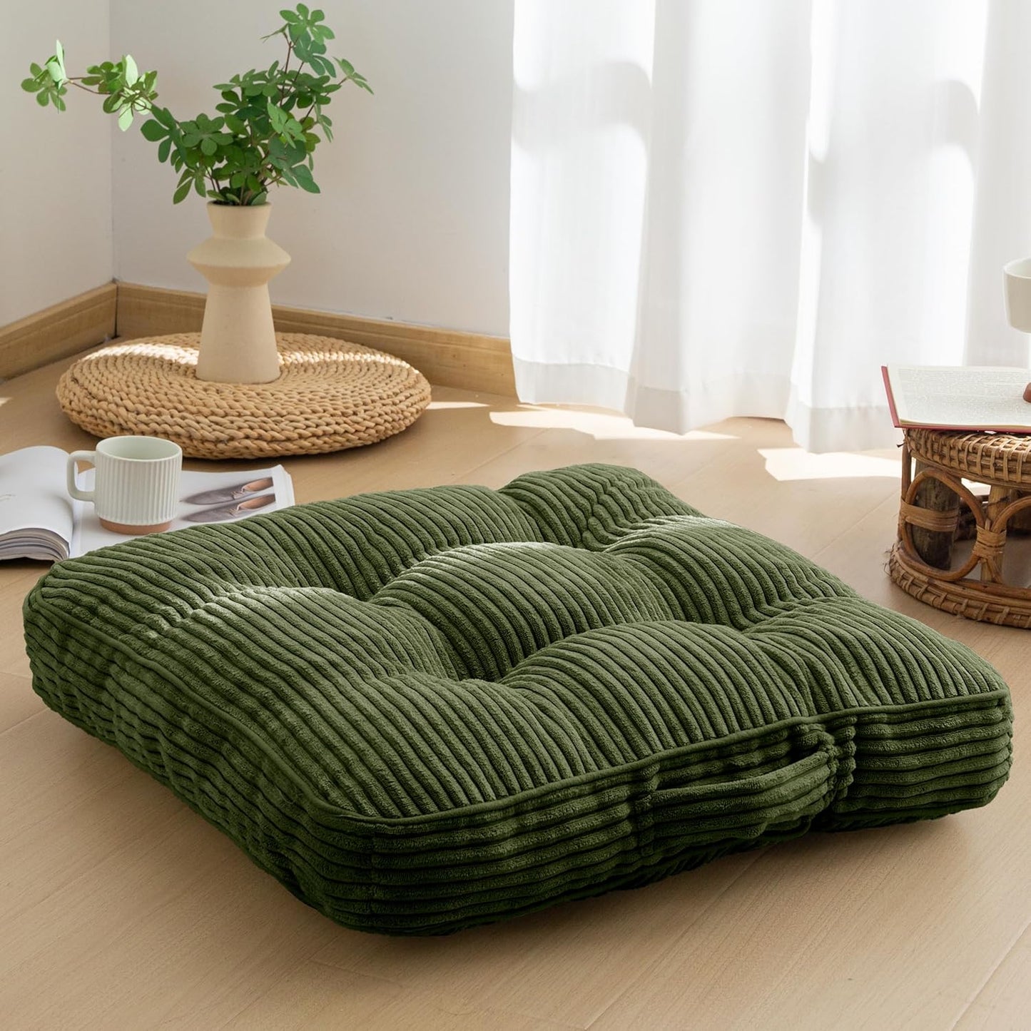 HIGOGOGO 6" Extra Thick Floor Pillow Cushion for Adults, Meditation Cushion Pillow, Large Square Floor Sitting, Tufted Corduroy Cover, for Tatami Living Room or Yoga, 22x22 Inch, 2Pack, Dark Grey