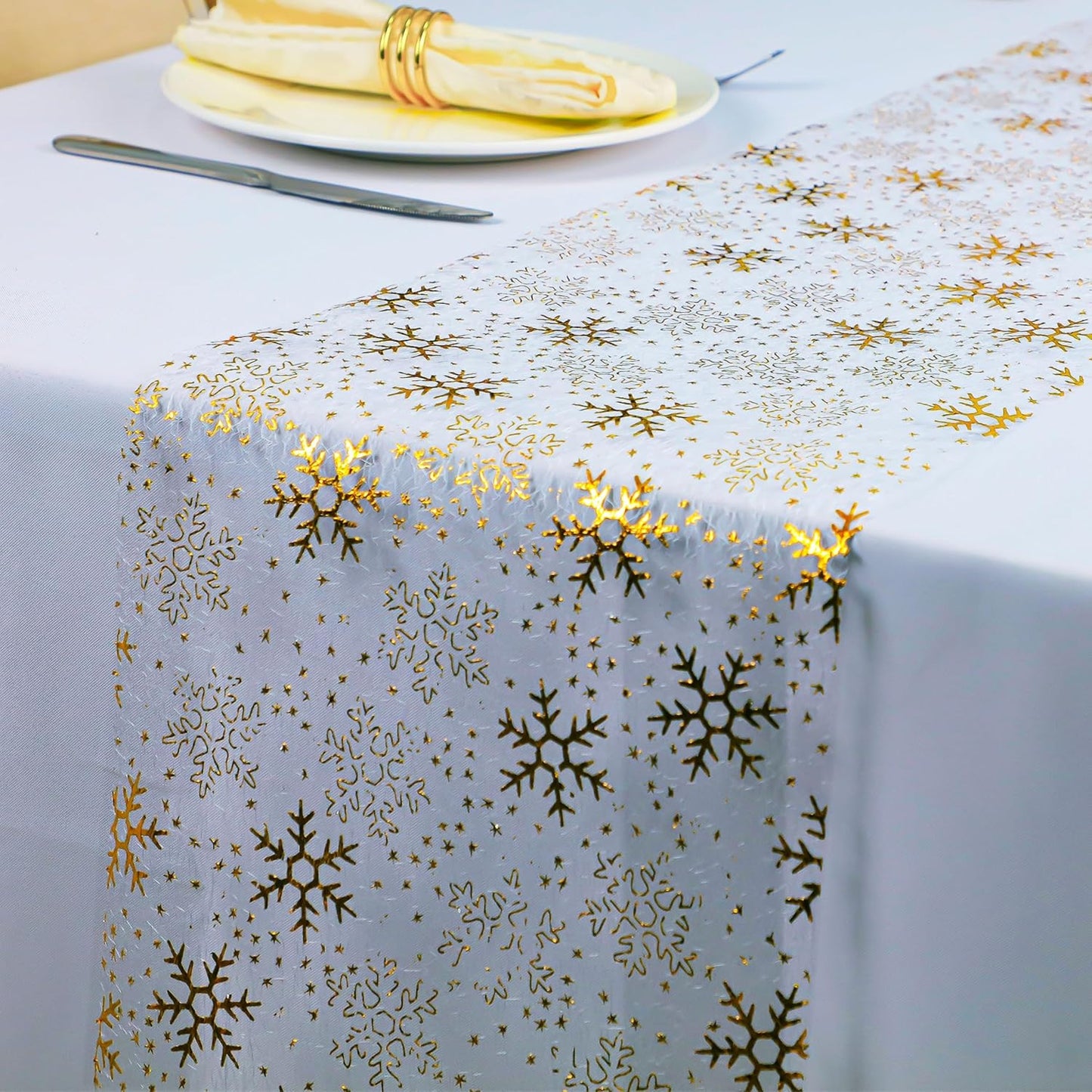 Snowkingdom 2 Pieces Gold Table Runner, Sequin Glitter Foil Metallic Thin Mesh Runner Roll 11"x108", Gold Table Decorations for Event Party, Wedding, Birthday Party, Christmas