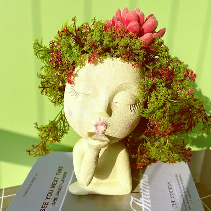 Handmade Face Flower Pots Standing Air Kiss Head Planter Pot for Trailing Plants Cute Succulent Planter Resin Planters Funny Face Planters with Anti-Friction Pads White 1Pack