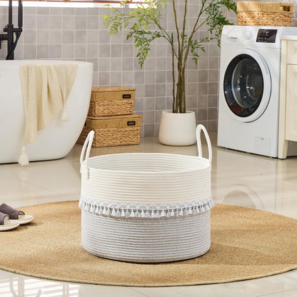 KAKAMAY Large Blanket Basket (20"x13"),Woven Baskets for storage Baby Laundry Hamper, Cotton Rope Blanket Basket for Living Room, Laundry, Nursery, Pillows, Baby Toy chest (White/Brown)