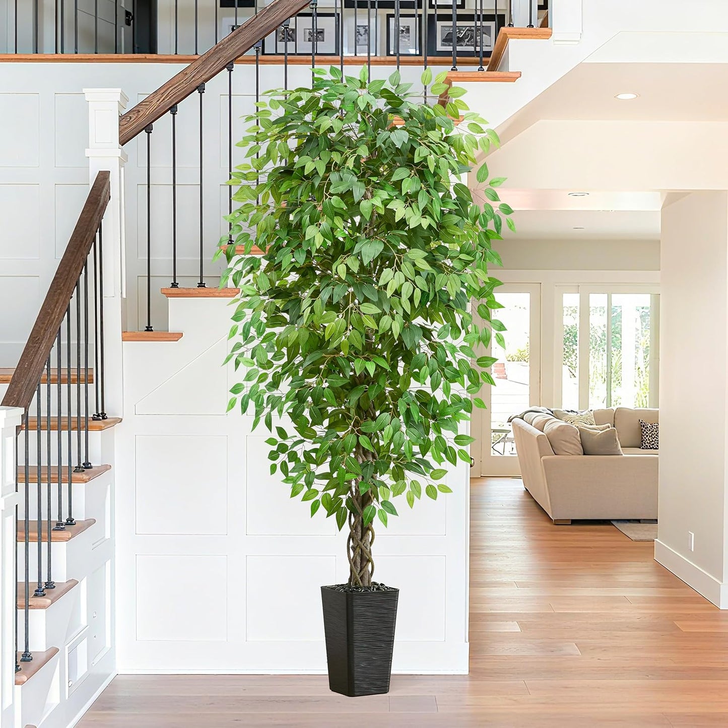 Artificial Ficus Tree 6FT Faux Plants Indoor Tall Fake Plants with White Planter, Green Lifelike Lush Fake Ficus Tree for Home Living Room Bedroom Outdoor Balcony House Office Decor