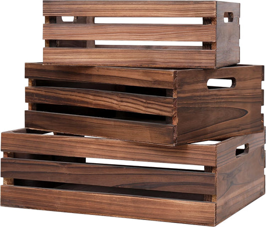 Wood Crates For Storage,Decorative Vintage Brown Wooden Crates For Display,Handmade Solid Wood Boxes,Set Of 3 Rustic Black Wooden Crate. (vintage brown)