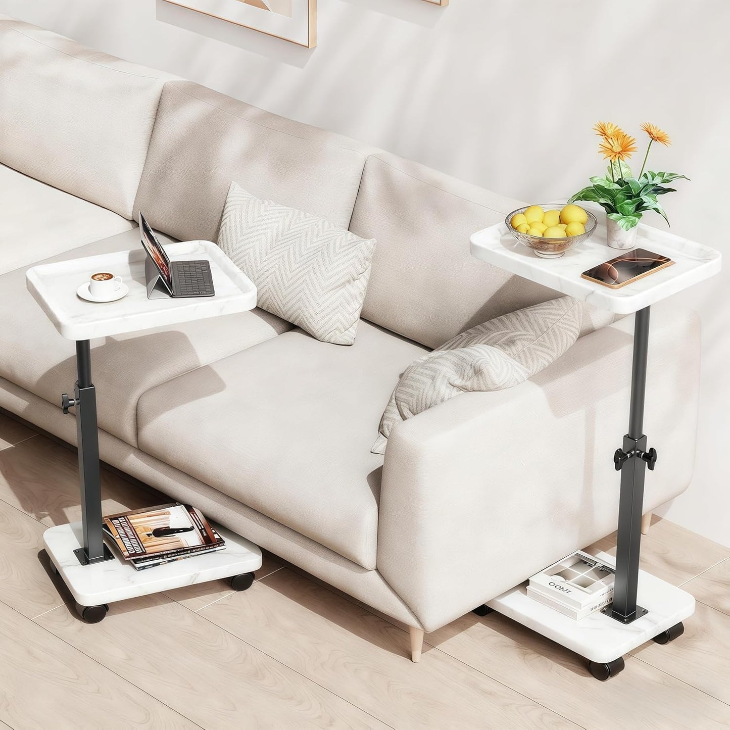 C Table End Table Adjustable Height, 360°Swivel TV Tray Table for Small Spaces, Side Tables with Wheels for Living Room and Bedroom, Bed (Walnut)