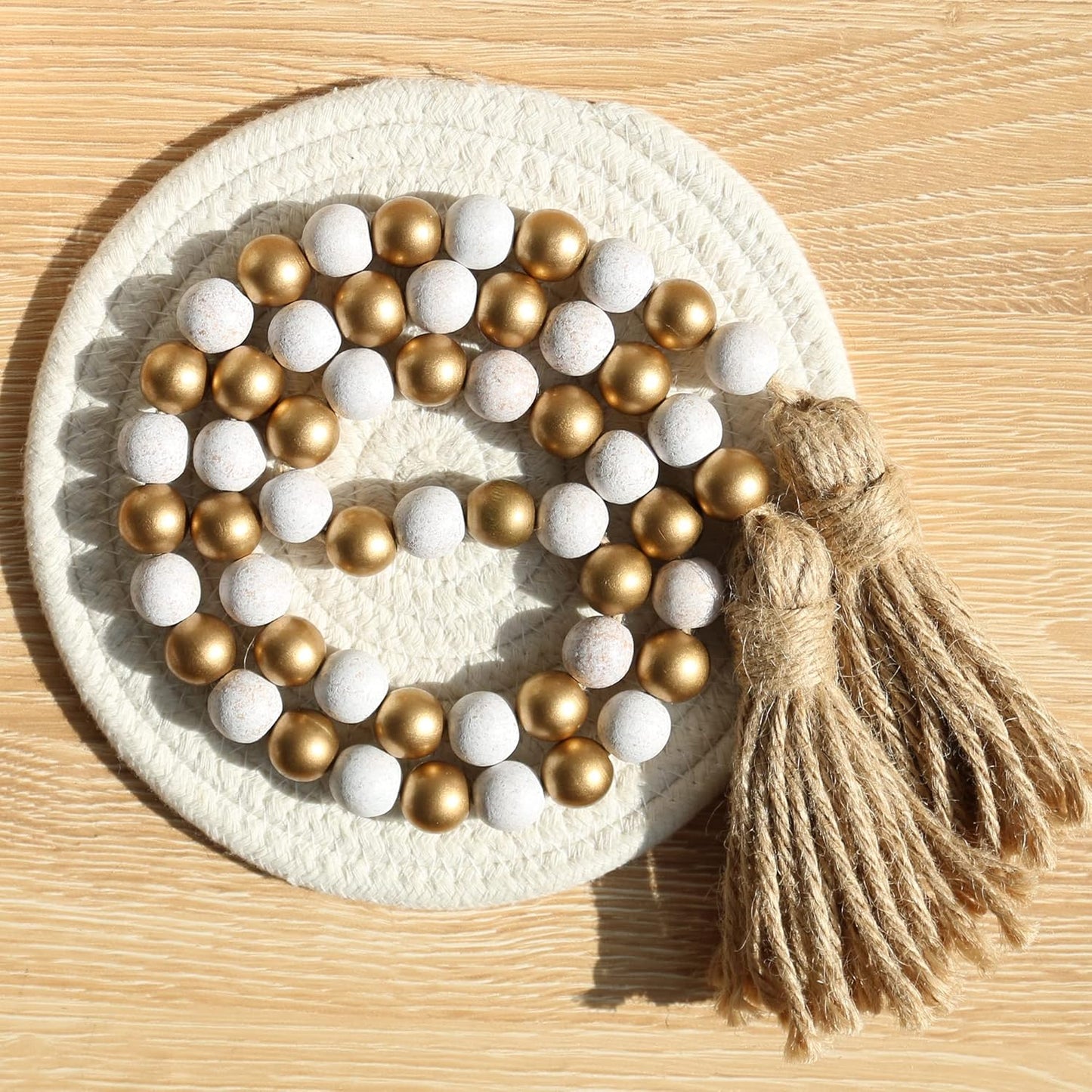 Meplait Wood Bead Garland, 39in Farmhouse Beads with Tassels for Tiered Tray Decor