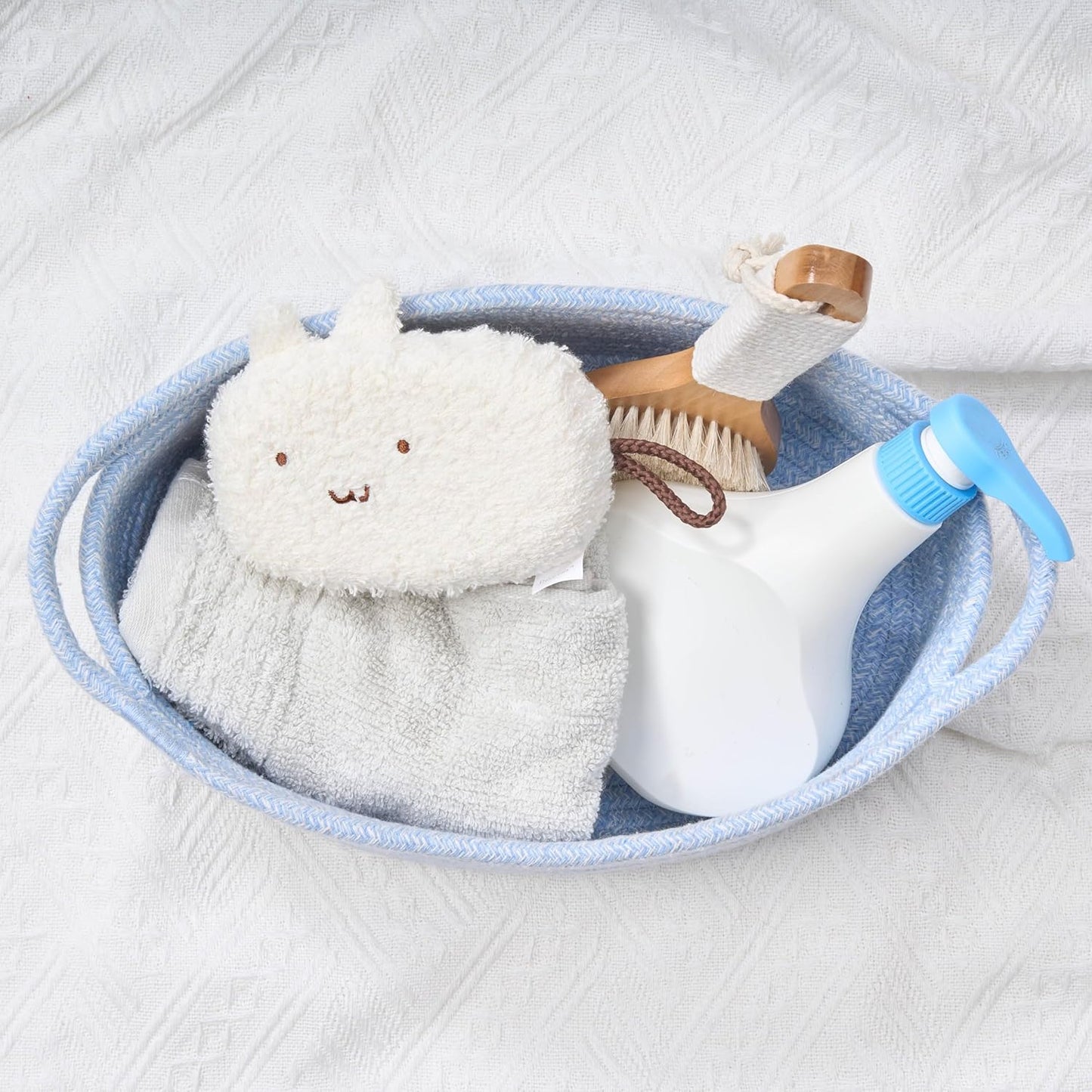 Small Woven Gift Basket Empty with Bag & Ribbon - Gifts for Mom, Baby Shower, Birthdays & Raffle - Cotton Rope Storage Basket for Dog Toys or Shelf - 12"x8"x5", White