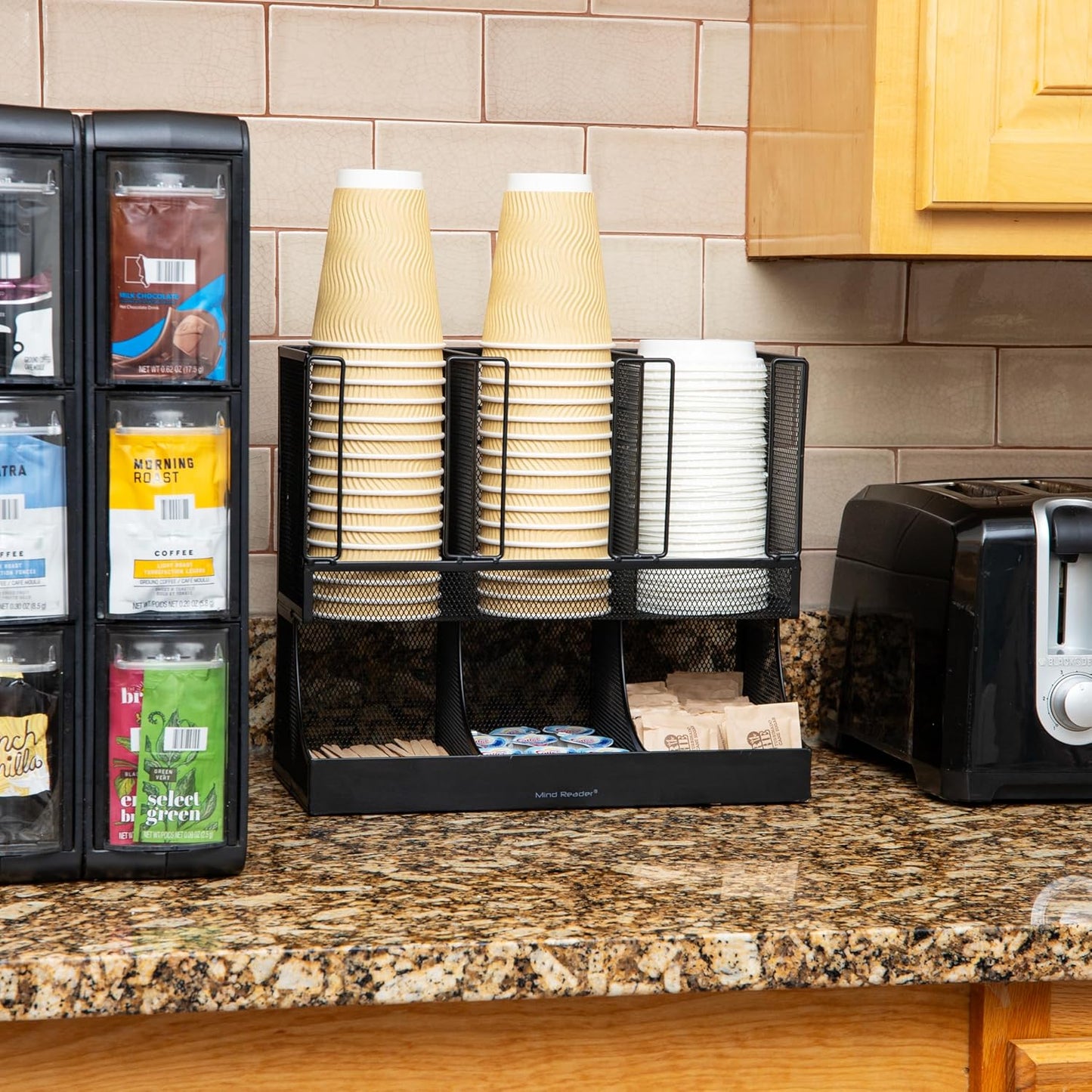 Mind Reader Cup and Condiment Station, 13 Inch Countertop Coffee Bar Organizer with 6 Compartments, Storage Caddy for Cups, Lids and Packets, Plastic, Black