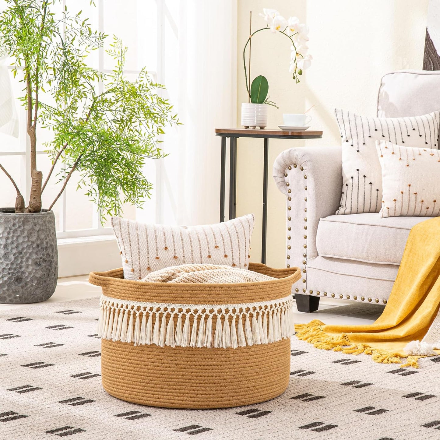 KAKAMAY Large Blanket Basket (20"x13"),Woven Baskets for storage Baby Laundry Hamper, Cotton Rope Blanket Basket for Living Room, Laundry, Nursery, Pillows, Baby Toy chest (White/Brown)