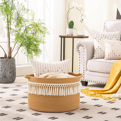 KAKAMAY Large Blanket Basket (20"x13"),Woven Baskets for storage Baby Laundry Hamper, Cotton Rope Blanket Basket for Living Room, Laundry, Nursery, Pillows, Baby Toy chest (White/Brown)