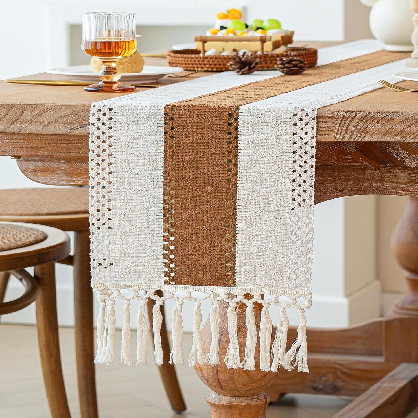 FEXIA Boho Table Runner for Thanksgiving Fall Christmas Home Decor with Tassels 72 Inches Long Pottery barn Furniture Farmhouse Rustic Macrame Burlap Table Decoration for Living Room (12x72 Inches)