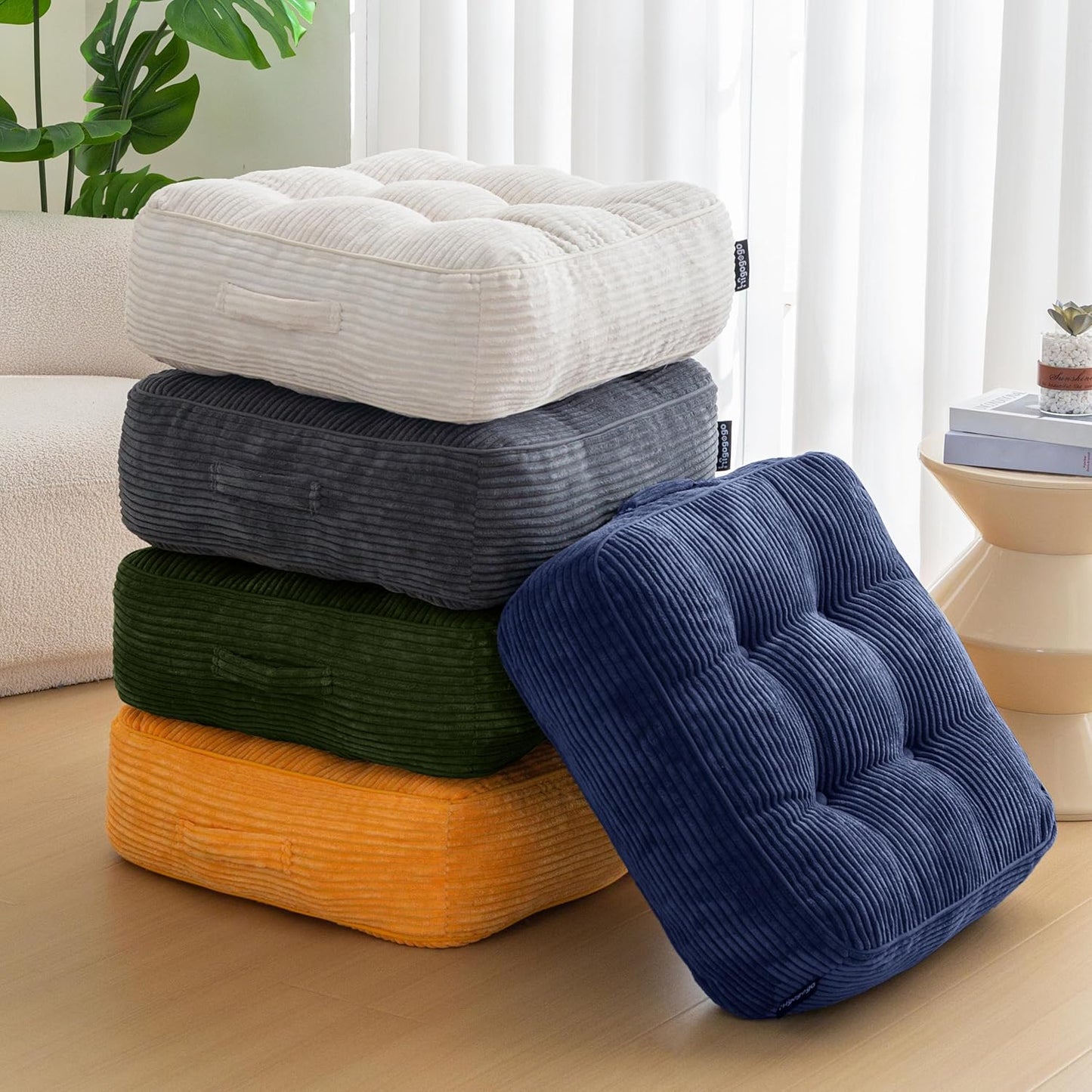 HIGOGOGO 6" Extra Thick Floor Pillow Cushion for Adults, Meditation Cushion Pillow, Large Square Floor Sitting, Tufted Corduroy Cover, for Tatami Living Room or Yoga, 22x22 Inch, 2Pack, Dark Grey