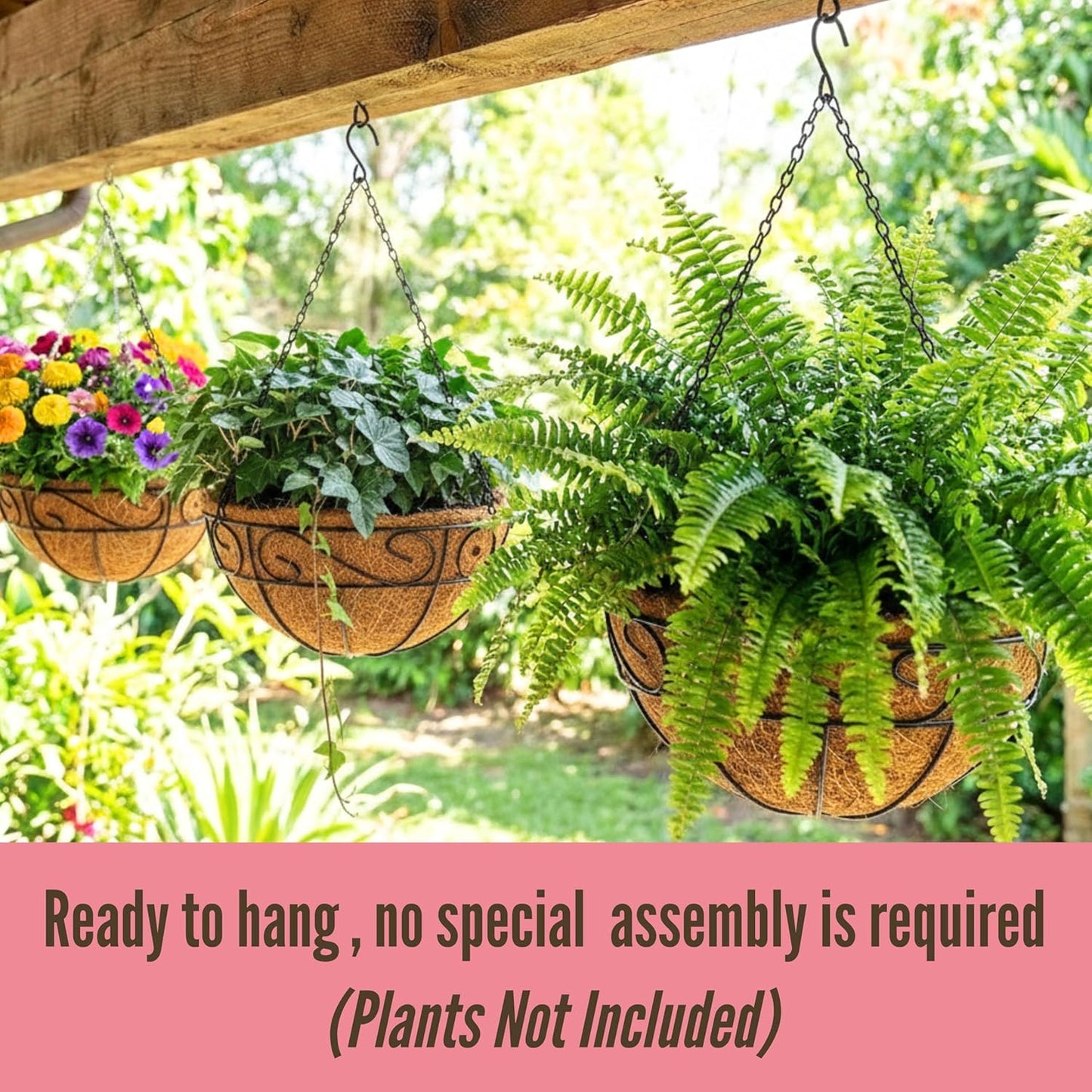 LaLaGreen Hanging Planter for Outdoor Plants (12 Inch, 2 Pack) Hanging Baskets with Coco Liner, Black Metal Wire Flower Basket Pots with Hook Hanger Balcony Porch Farmhouse Country Style Garden Decor