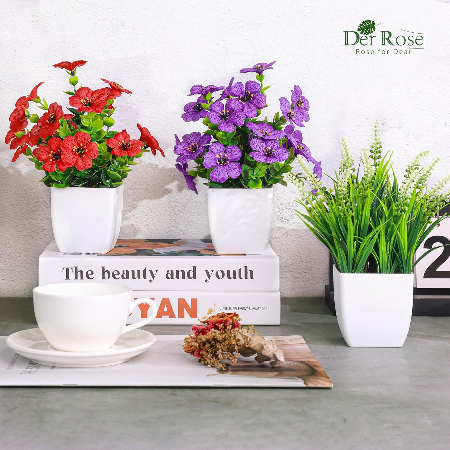 Der Rose 4 Pack Fake Plants Mini Artificial Greenery Potted Plants for Home Decor Indoor Office Table Room Farmhouse Bathroom Decor