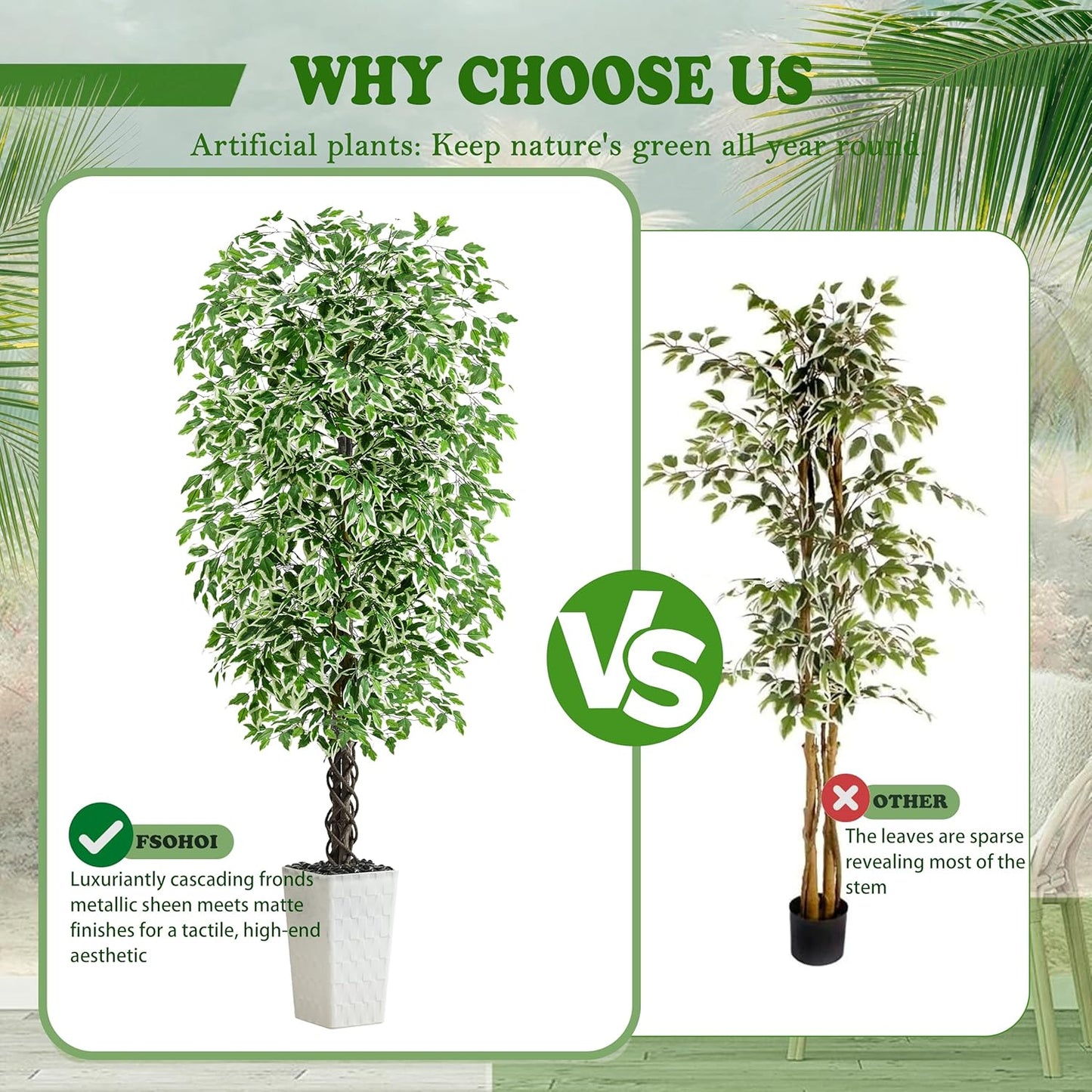 Artificial Ficus Tree 6FT Faux Plants Indoor Tall Fake Plants with White Planter, Green Lifelike Lush Fake Ficus Tree for Home Living Room Bedroom Outdoor Balcony House Office Decor