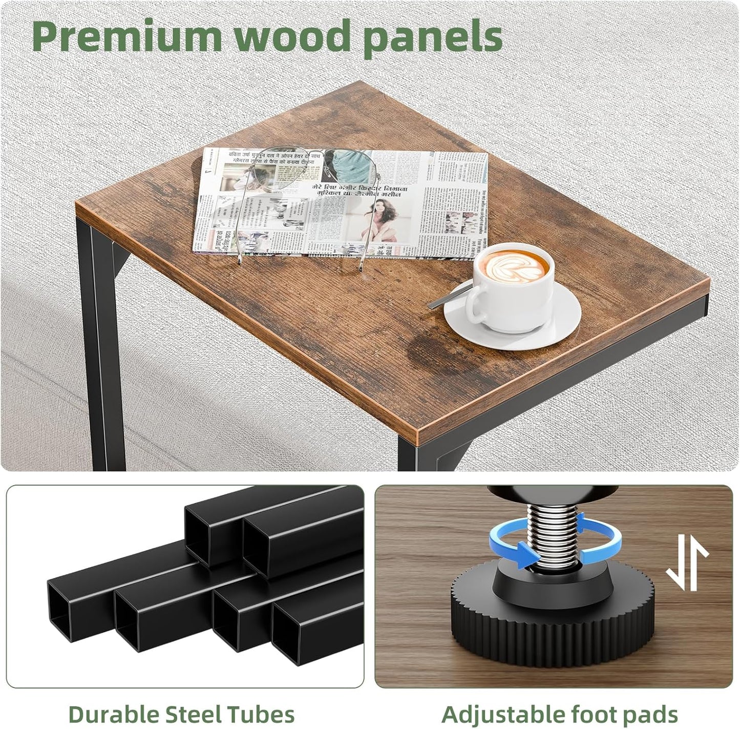 Simple Trending C Shaped End Table, TV Tray for Couch, Small Side Table with Metal Frame, for Living Room Bedroom, Rustic Brown
