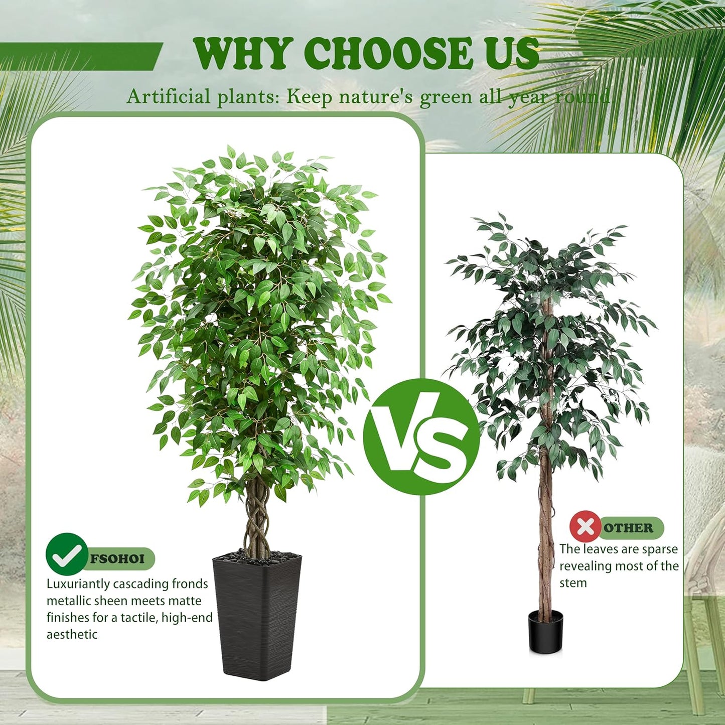 Artificial Ficus Tree 6FT Faux Plants Indoor Tall Fake Plants with White Planter, Green Lifelike Lush Fake Ficus Tree for Home Living Room Bedroom Outdoor Balcony House Office Decor