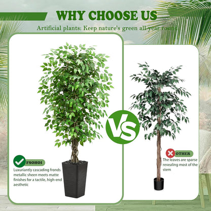 Artificial Ficus Tree 6FT Faux Plants Indoor Tall Fake Plants with White Planter, Green Lifelike Lush Fake Ficus Tree for Home Living Room Bedroom Outdoor Balcony House Office Decor