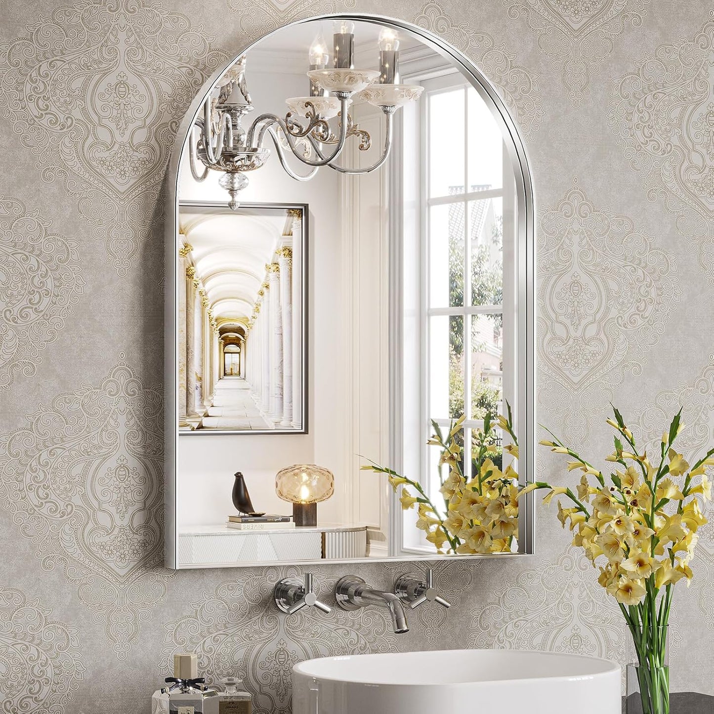 Brightify Arched Mirror, Arched Wall Mirror, 24 x 32 Inch Silver Arch Mirror, Metal Frame Silver Bathroom Mirror, Arched Top Bathroom Vanity Mirror for Living Room Bedroom Mantel Entryway Hallways