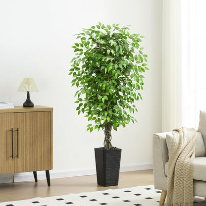 Artificial Ficus Tree 6FT Faux Plants Indoor Tall Fake Plants with White Planter, Green Lifelike Lush Fake Ficus Tree for Home Living Room Bedroom Outdoor Balcony House Office Decor