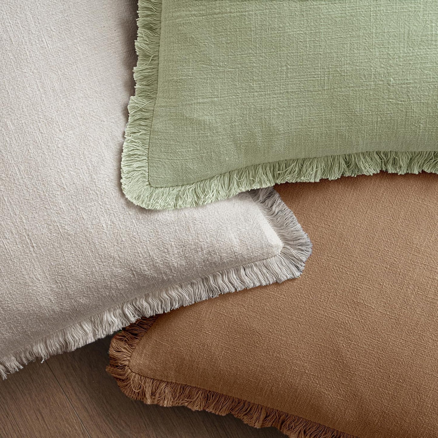 MIULEE Decorative Throw Pillow Covers Neutral Linen Fringe Throw Pillows Set of 2 Natural Beige Boho Farmhouse Cushion Covers with Tassels for Couch Sofa Bed Spring Home Decor 20x20 Inch