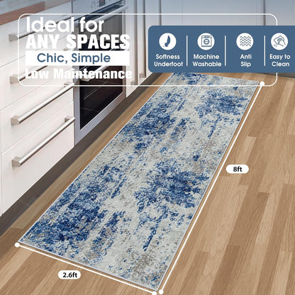 8x10 Area Rugs for Living Room Rug Washable: Abstract Large Rug for Dining Room Bedroom Carpet Non Slip 8 by 10 Indoor Modern Nursery Home Office Blue Grey
