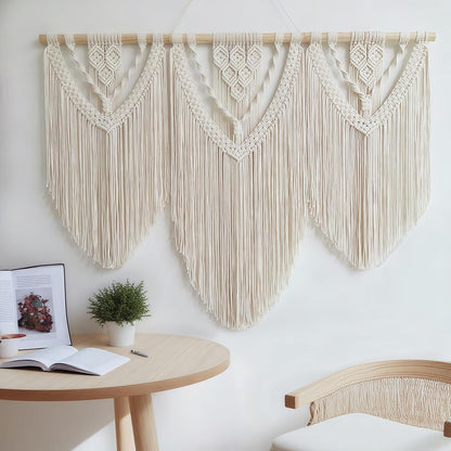 oiikain Large Handmade Boho Macrame Wall Hanging Tapestry - Chic Bohemian Woven Home Decor art for Living Room, Bedroom, and Wedding Parties (Beige, twelve rhombus)