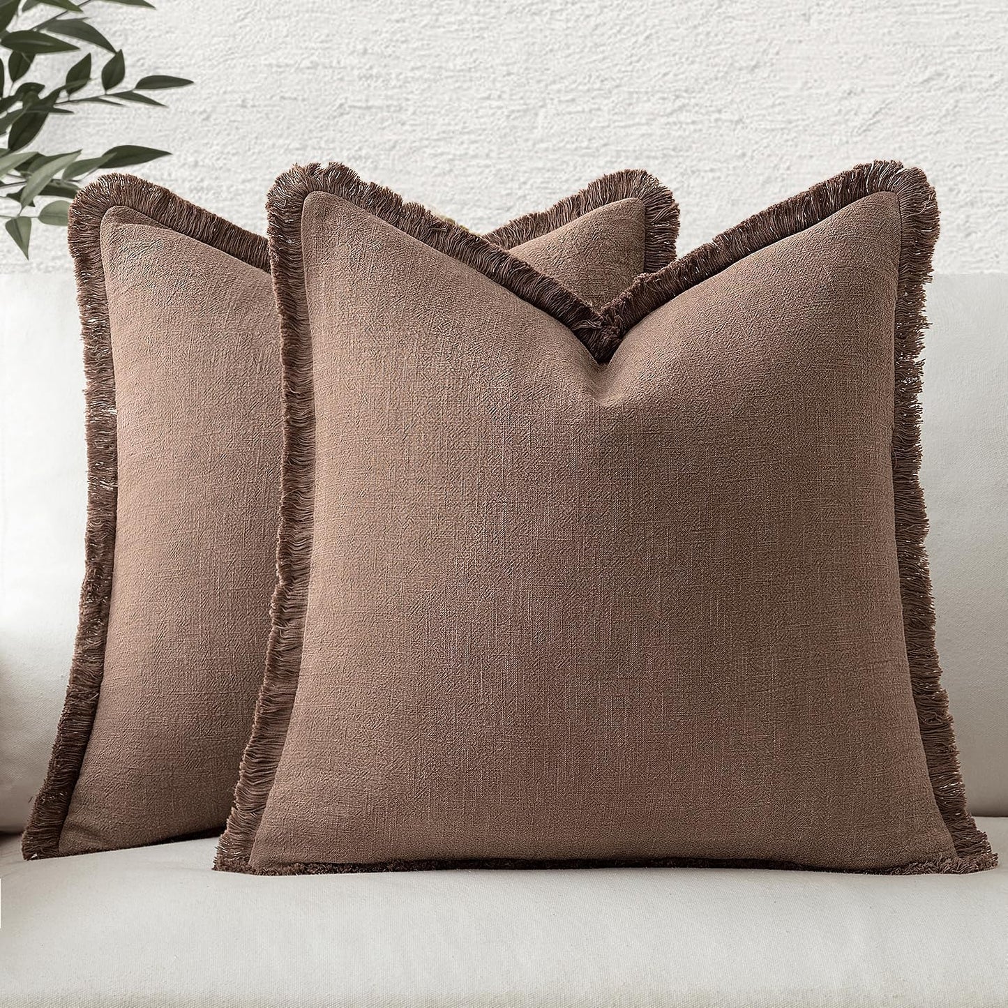 MIULEE Decorative Throw Pillow Covers Neutral Linen Fringe Throw Pillows Set of 2 Natural Beige Boho Farmhouse Cushion Covers with Tassels for Couch Sofa Bed Spring Home Decor 20x20 Inch