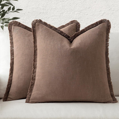 MIULEE Decorative Throw Pillow Covers Neutral Linen Fringe Throw Pillows Set of 2 Natural Beige Boho Farmhouse Cushion Covers with Tassels for Couch Sofa Bed Spring Home Decor 20x20 Inch