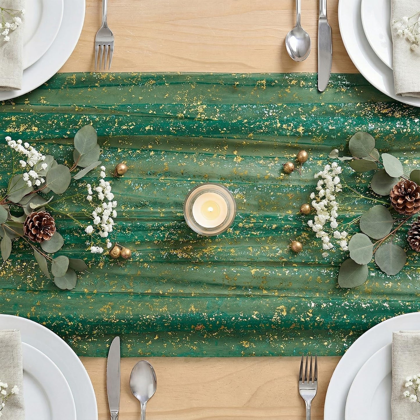 Artoid Mode Beige Gold Gauze Table Runner 120 Inch 10FT, Glitter Metallic Foil Sheer Dining Wedding Anniversary Holiday Birthday Table Decor for Home Party