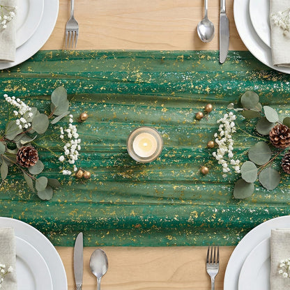Artoid Mode Beige Gold Gauze Table Runner 120 Inch 10FT, Glitter Metallic Foil Sheer Dining Wedding Anniversary Holiday Birthday Table Decor for Home Party