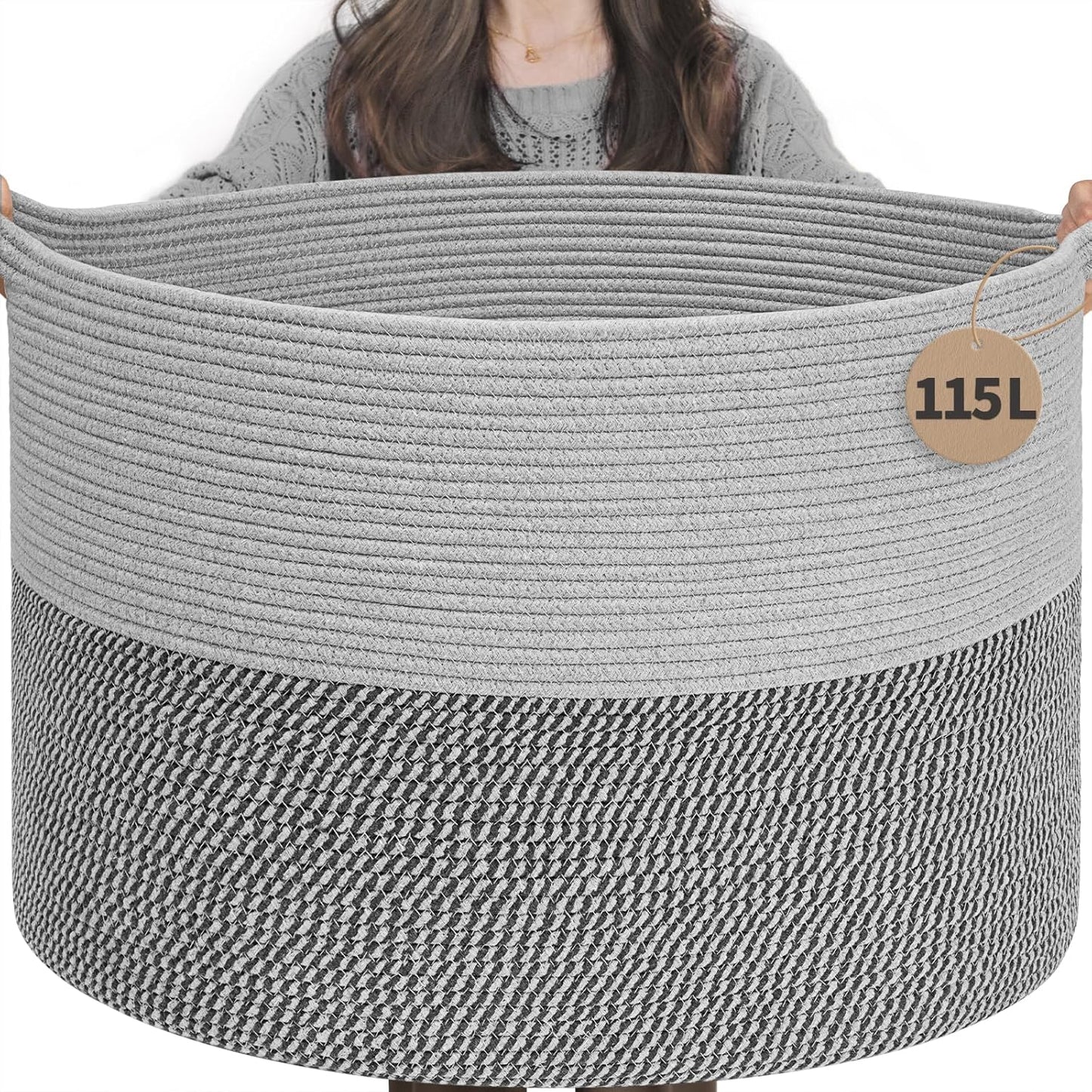 INDRESSME XXXLarge Blanket Basket for Living Room 21.7" x 21.7" x 13.8"-Storage Basket with Handle for Organizing Toy Pillows Woven Cotton Rope Laundry Basket Stuffed Animal Toy Storage for Play Room