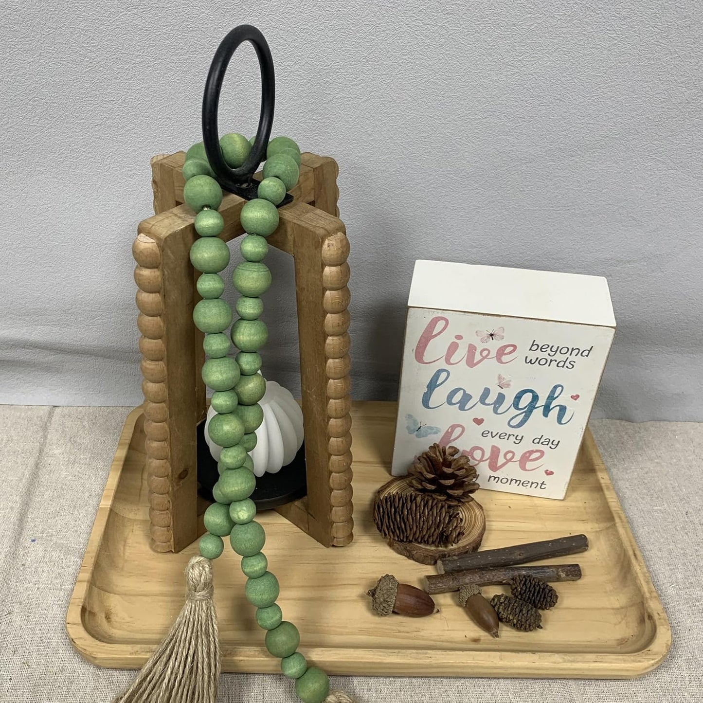 Handcrafted Farmhouse Wooden Decorative Beads Garland, Table Tray Boho Wood Beads with Tassel, Small Rustic Antique Decor for Home and Events (32" Rustic Blue)