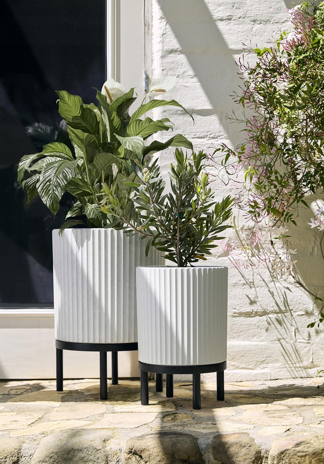 Veradek Demi Series Round Planter w/ Stand for Porch/Patio | Durable Plastic-Concrete & Wooden Stand | Modern Décor for Tall Plants, Flowers