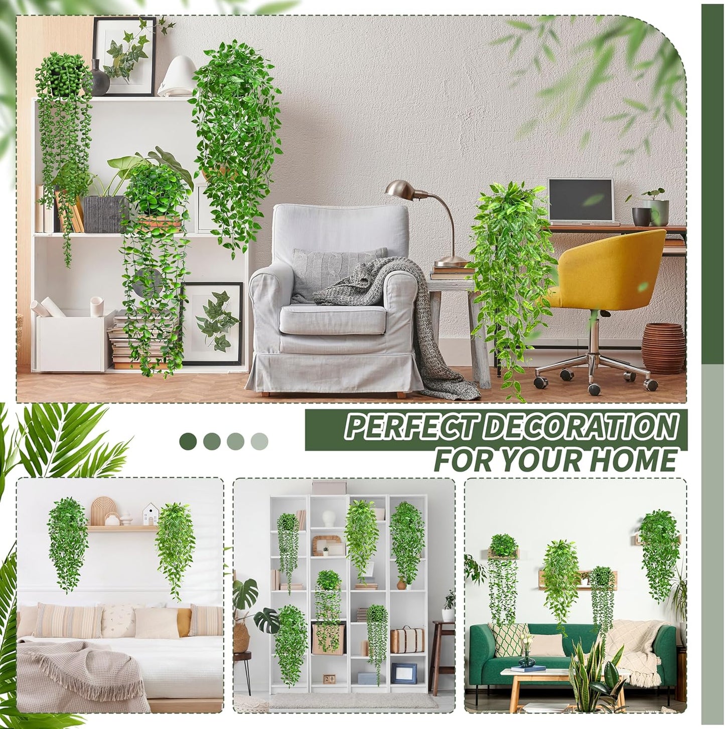 Palonu Artificial Hanging Plants for Shelf, 4 Pack Fake Potted Greenery Plant Faux Mandala Vine, String of Pearls, Ivy Vine,Persian Grass Fern in Pot for Desk Home Bathroom Farmhouse Room Table Decor