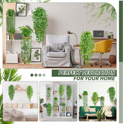 Palonu Artificial Hanging Plants for Shelf, 4 Pack Fake Potted Greenery Plant Faux Mandala Vine, String of Pearls, Ivy Vine,Persian Grass Fern in Pot for Desk Home Bathroom Farmhouse Room Table Decor