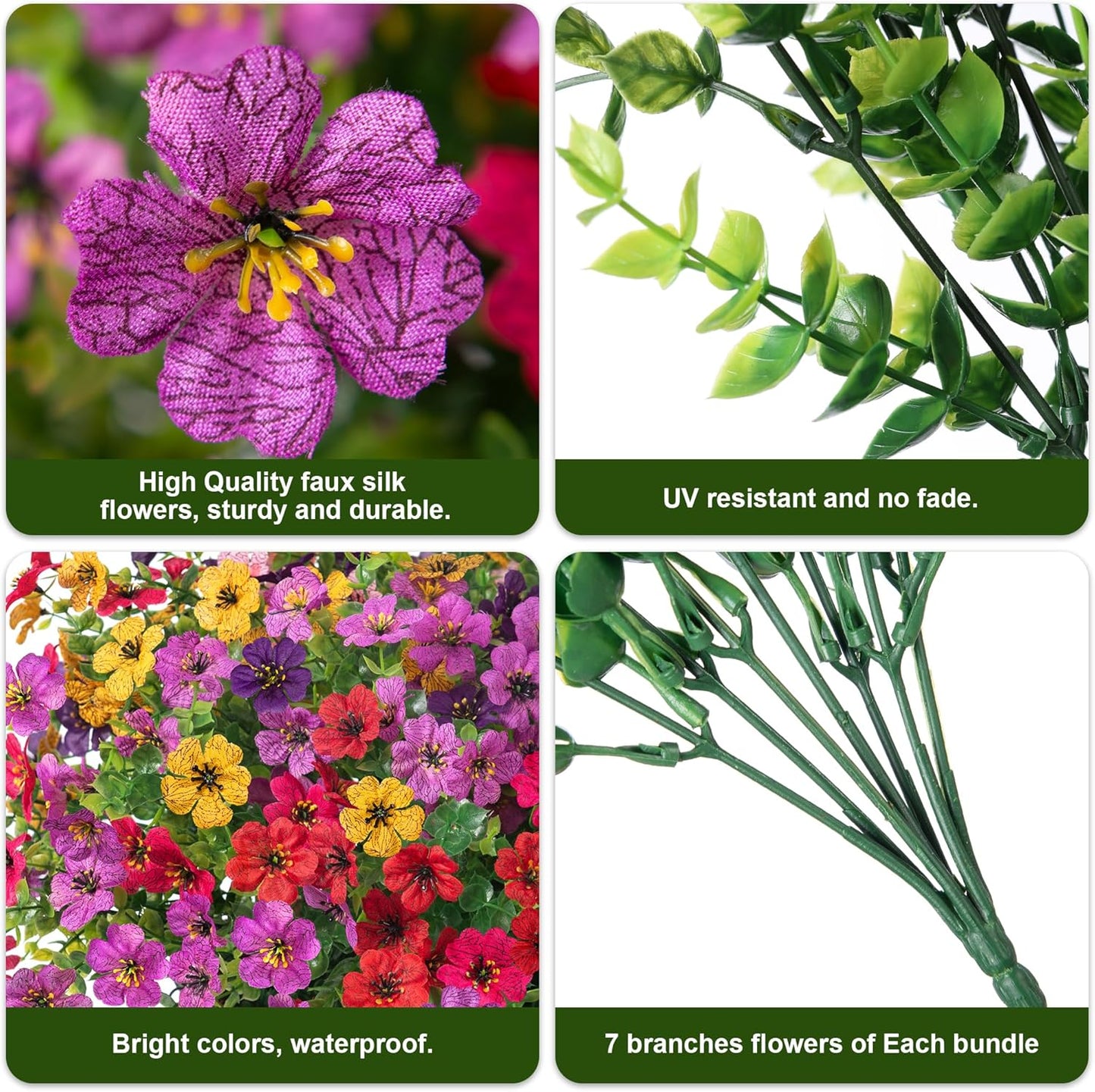 HyeFlora Artificial Flowers for Outdoor Indoor Garden Home Decoration, Faux Flower Daisy with Eucalyptus Leaves Fake Plants Greenery Boxwood Porch Patio, 12 Bundles (Mix Pink Red Purple Yellow)