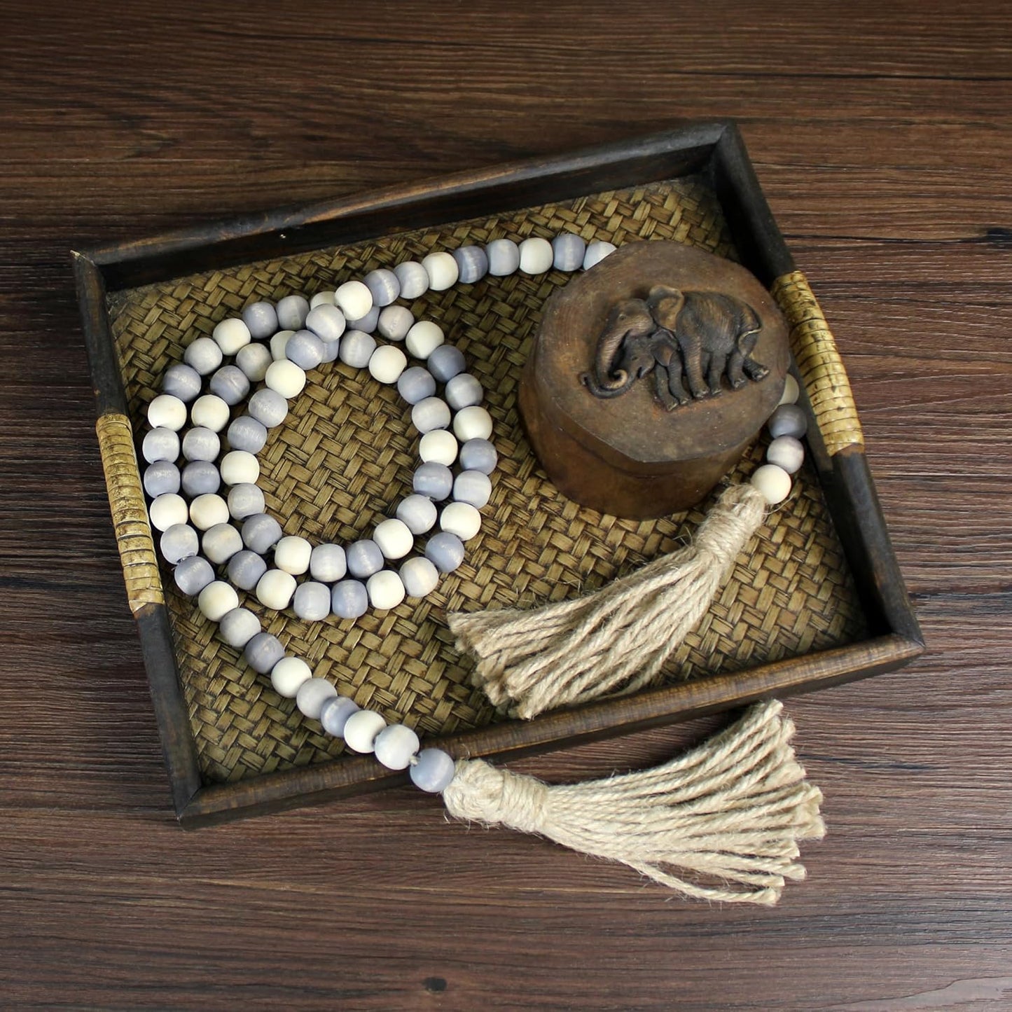CVHOMEDECO. Wood Beads Garland with Tassels Farmhouse Rustic Wooden Prayer Bead String Wall Hanging Accent for Home Festival Decor. Mix Distressed