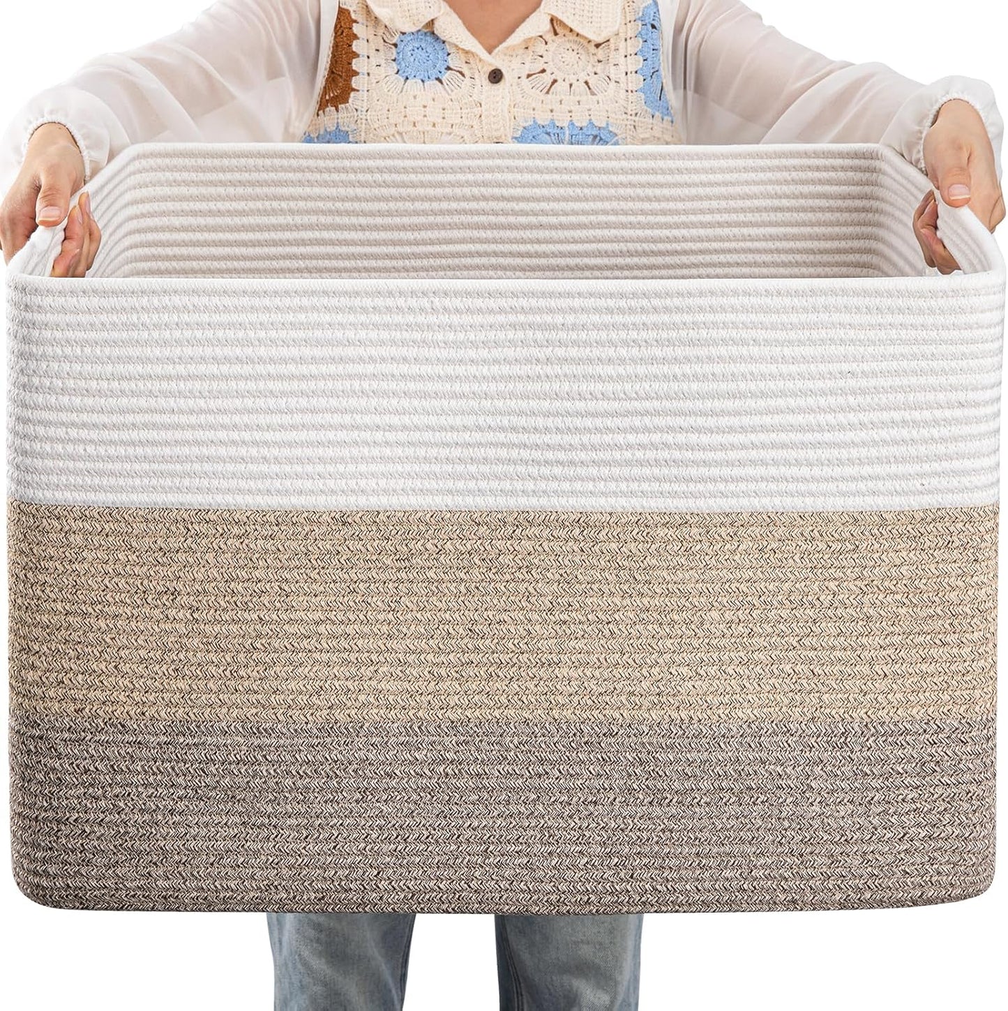 OIAHOMY Large Blanket Basket, 22”x17”x12” Rectangle Woven Baskets, Nursery Blanket Storage Living Room, Toy Storage With Handle, Large Baskets for Organizing-Gradient Yellow