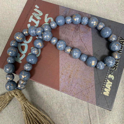 Handcrafted Farmhouse Wooden Decorative Beads Garland, Table Tray Boho Wood Beads with Tassel, Small Rustic Antique Decor for Home and Events (32" Rustic Blue)