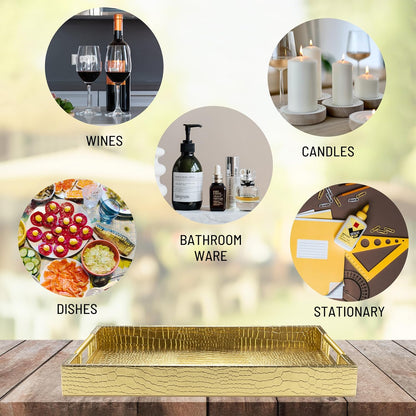 ATZYmolin 17" x 12" Wood Serving Tray with Gold Polished Metal Handles, Home Decorative Wooden Rectangle Ottoman Leather Decor Platter Bathroom Vanity Tray for All Occasions White