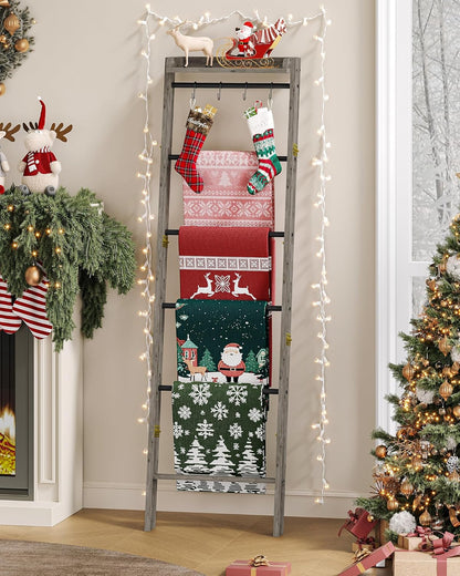Hzuaneri Blanket Ladder Shelf, Decorative Quilt Rack, 6-Tier Farmhouse Ladder Holder Organizer with 4 Removable Hooks 7.9" D x 17.3" W x 63.4" H, Rustic Brown BR35801B