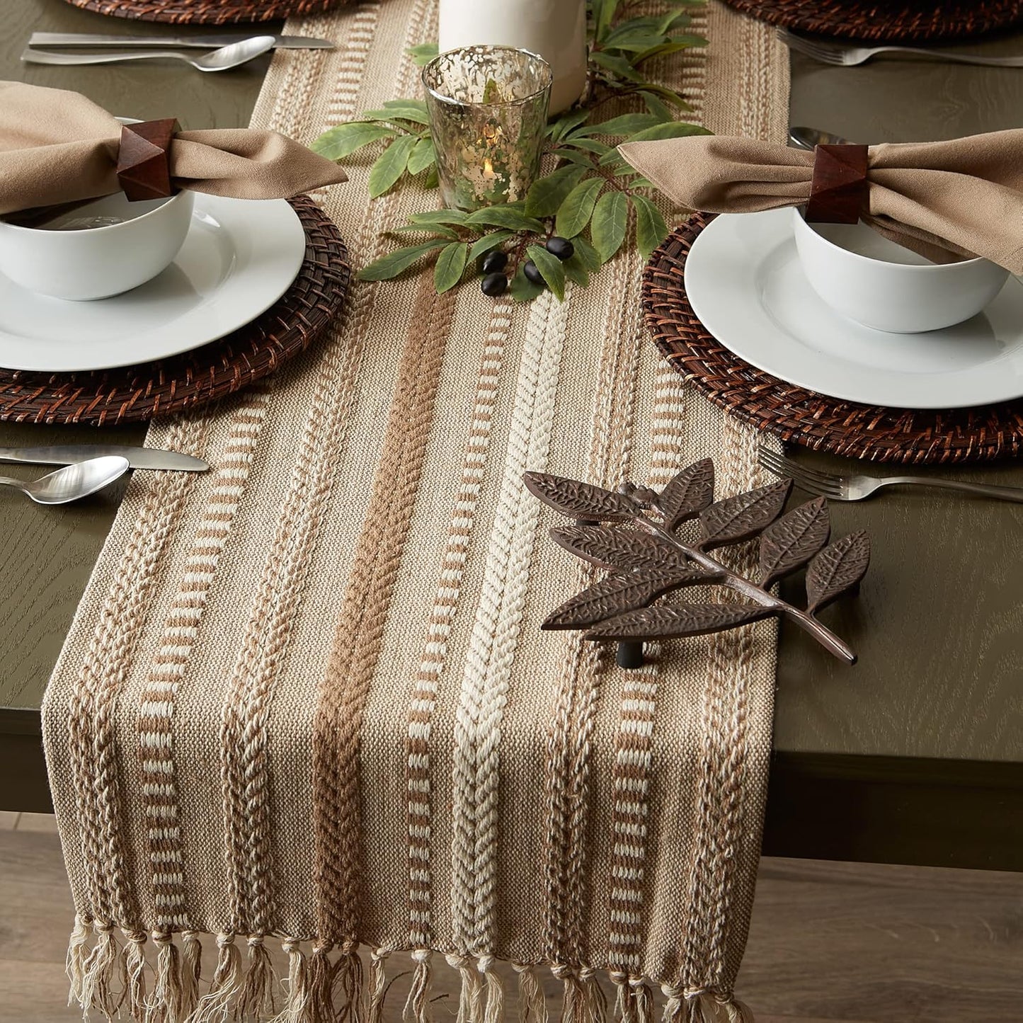 DII Farmhouse Braided Stripe Table Runner Collection, 15x72 (15x77, Fringe Included), Black