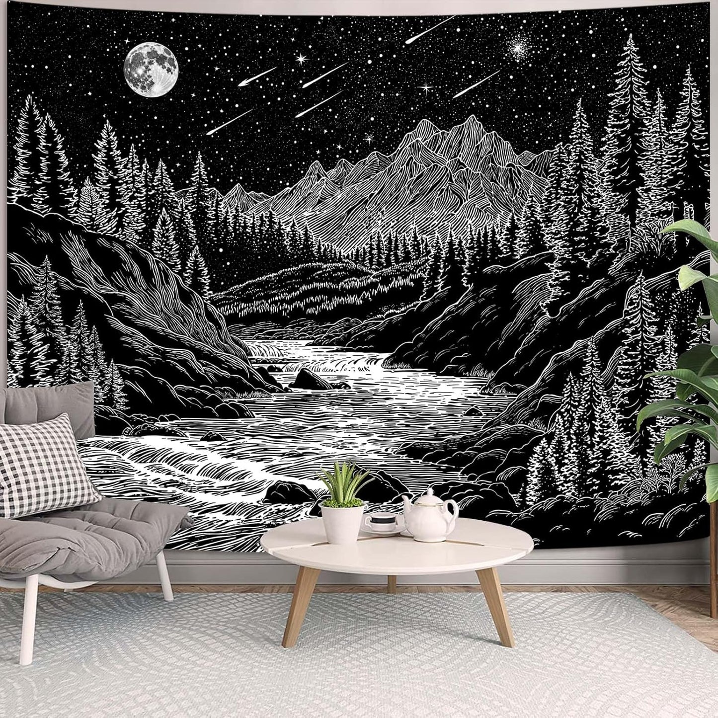 Zussun Black and White Tapestry Starry Night Mountain Tapestries for Bedroom Aesthetic Moon and Stars Tapastry's Wall Hanging Dark Nature Forest Wall Tapestry for Living Room Dorm (48'' × 36'')