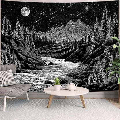 Zussun Black and White Tapestry Starry Night Mountain Tapestries for Bedroom Aesthetic Moon and Stars Tapastry's Wall Hanging Dark Nature Forest Wall Tapestry for Living Room Dorm (48'' × 36'')