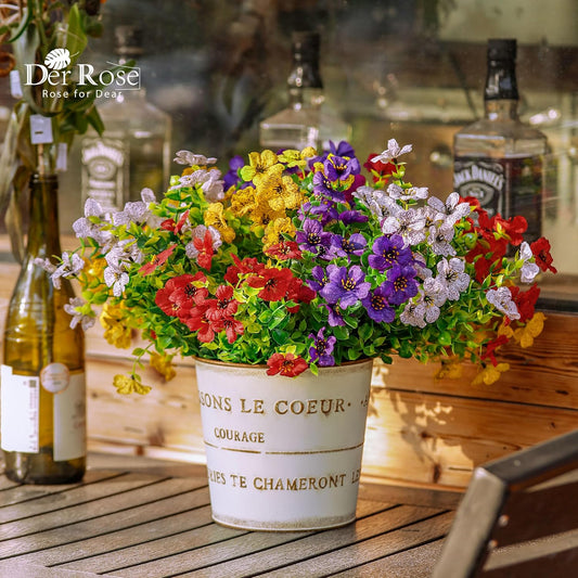 Der Rose 12 Bundles Artificial Daisy Fake Flowers for Outdoors, UV Resistant Colorful Silk Faux Flowers for Spring Home Porch Garden Decor