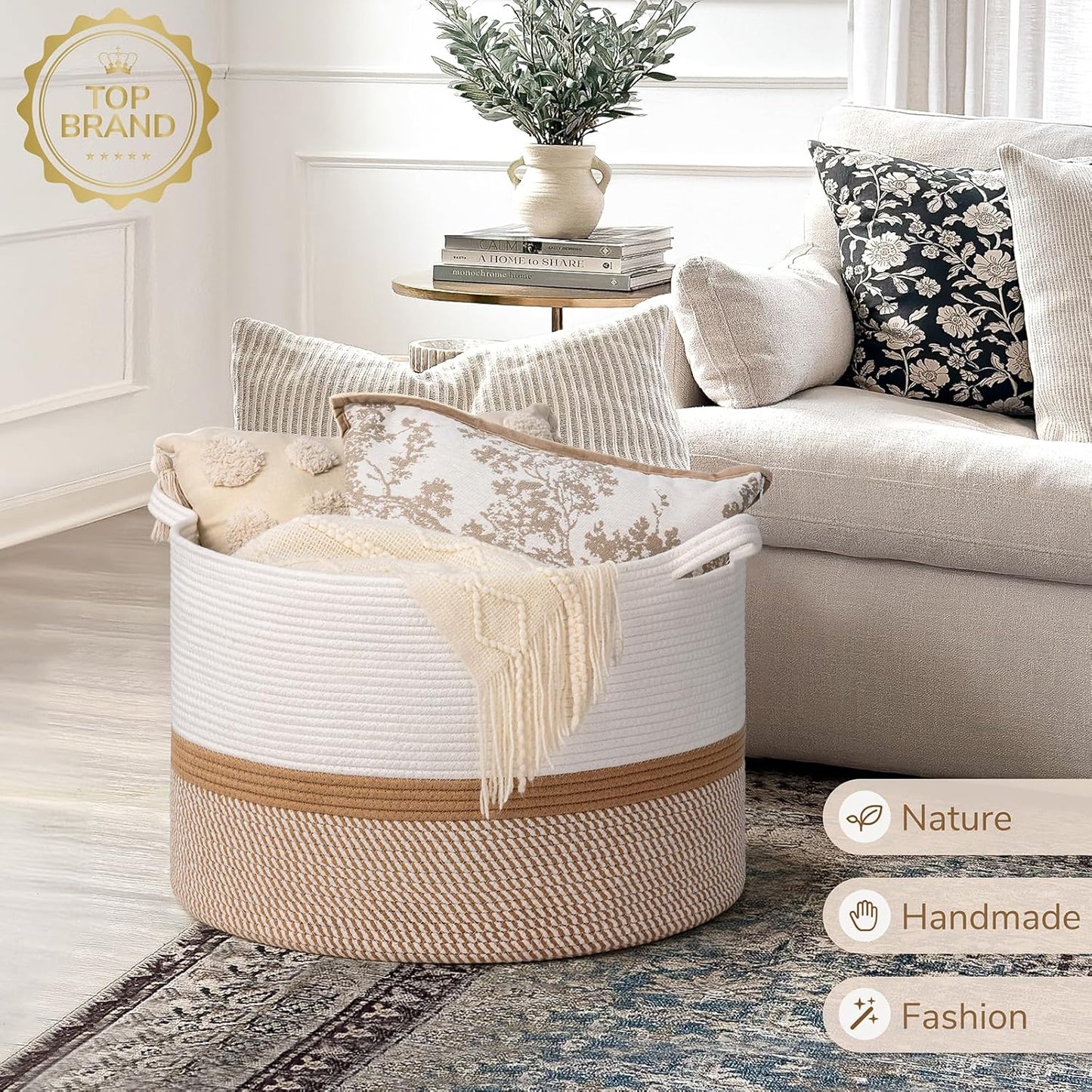 INDRESSME XXXLarge Blanket Basket for Living Room 21.7" x 21.7" x 13.8"-Storage Basket with Handle for Organizing Toy Pillows Woven Cotton Rope Laundry Basket Stuffed Animal Toy Storage for Play Room