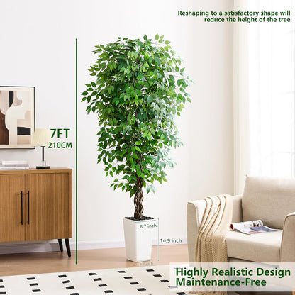 Artificial Ficus Tree 6FT Faux Plants Indoor Tall Fake Plants with White Planter, Green Lifelike Lush Fake Ficus Tree for Home Living Room Bedroom Outdoor Balcony House Office Decor