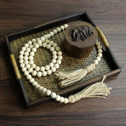 CVHOMEDECO. Wood Beads Garland with Tassels Farmhouse Rustic Wooden Prayer Bead String Wall Hanging Accent for Home Festival Decor. Mix Distressed