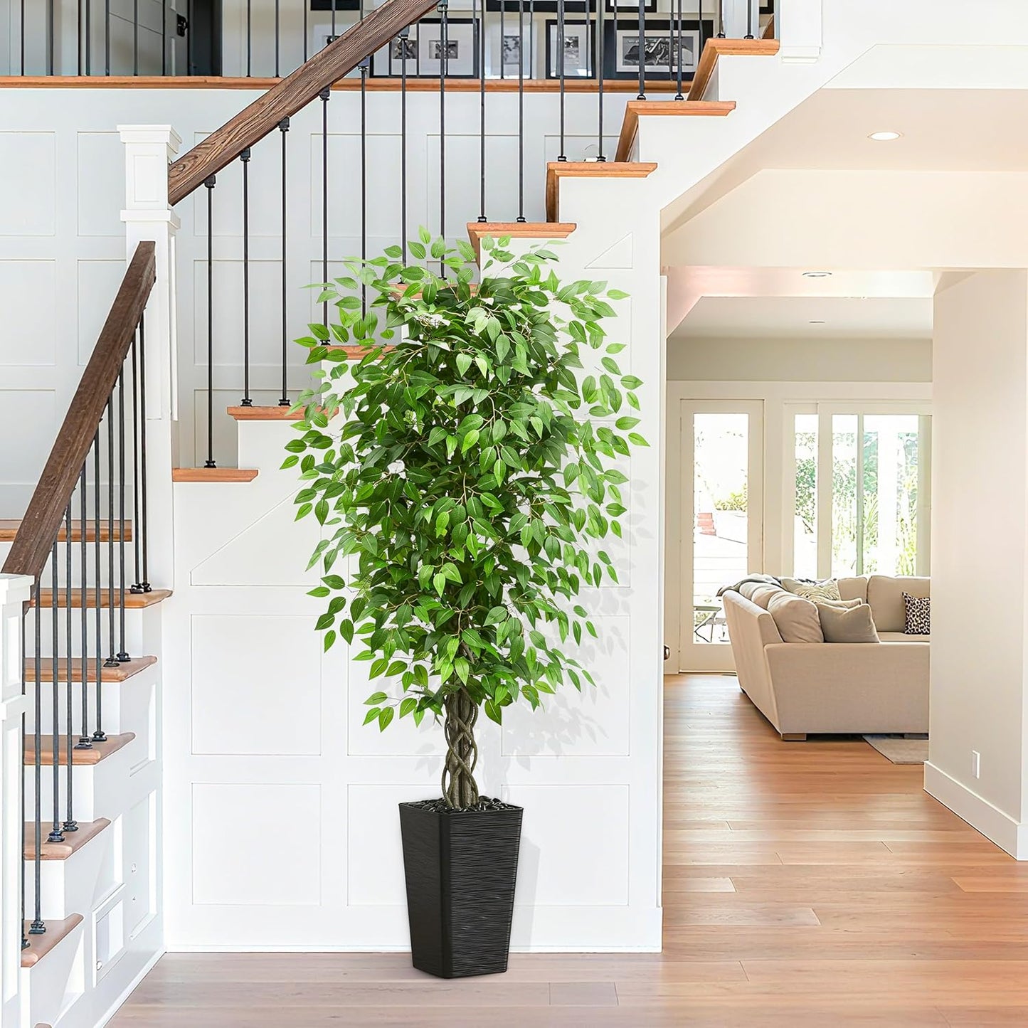 Artificial Ficus Tree 6FT Faux Plants Indoor Tall Fake Plants with White Planter, Green Lifelike Lush Fake Ficus Tree for Home Living Room Bedroom Outdoor Balcony House Office Decor